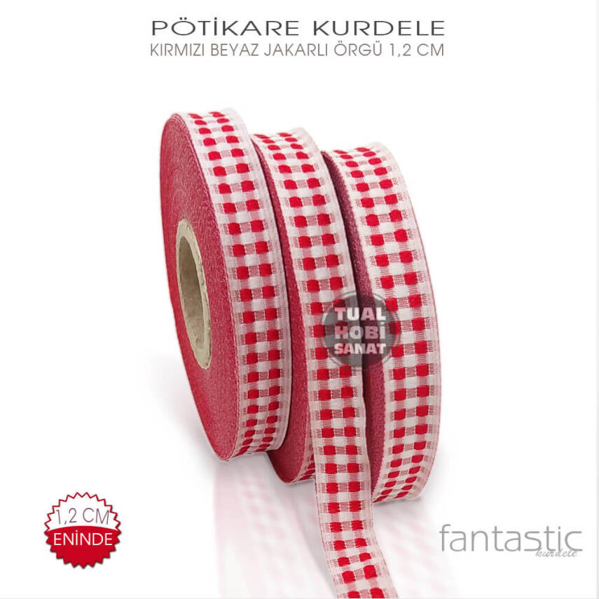Kırmızı Beyaz Pötikare Jakarlı Kurdele (Genişlik 1,2 cm) 1 Metre - 1