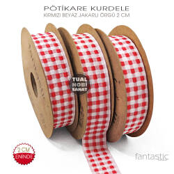 Kırmızı Beyaz Pötikare Jakarlı Kurdele (Genişlik 2 cm) 1 Metre - Tual Hobi Sanat