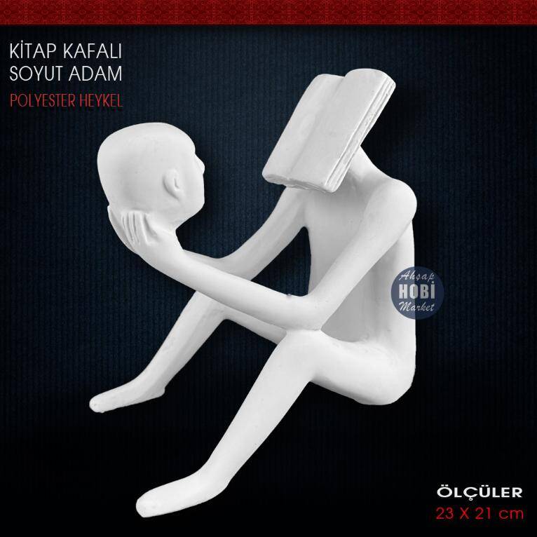 Kitap Kafalı Soyut Adam Heykeli (23x21 cm) Ham Polyester - 2