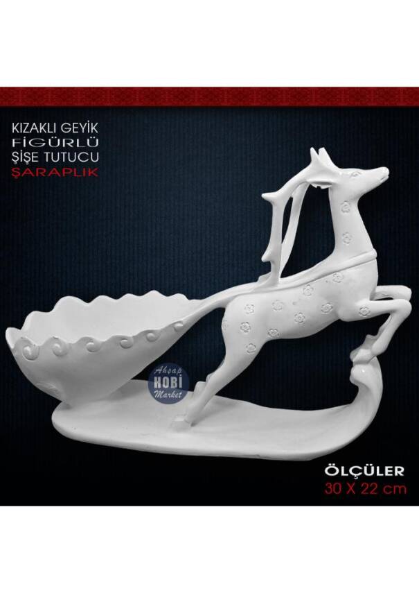 Kızaklı Geyik Figürlü Şişe Tutucu Şaraplık (30x22 cm) Ham Polyester - 1