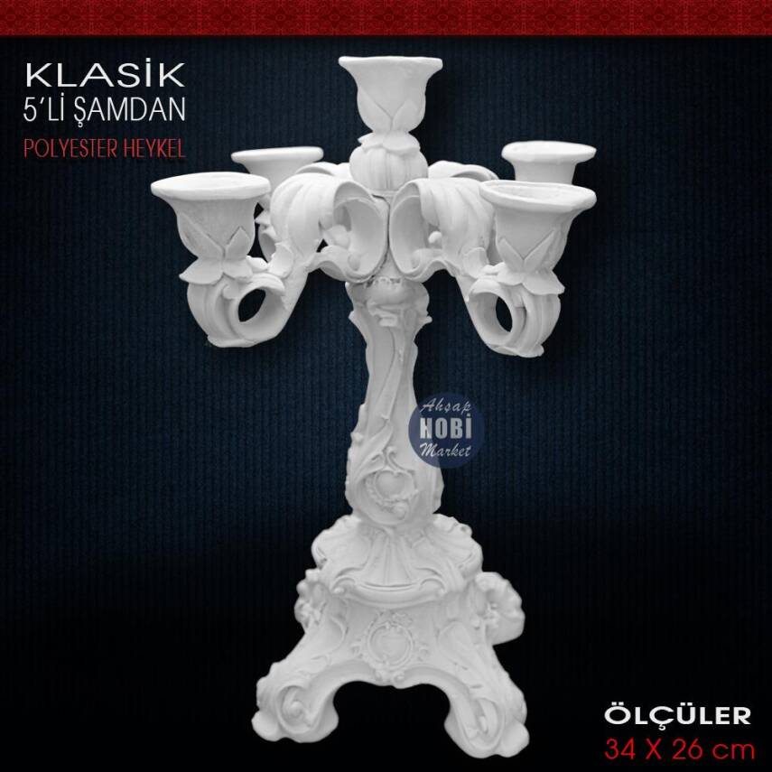 Klasik 5 Kollu Şamdan Mumluk (34x26 cm) Ham Polyester - 1