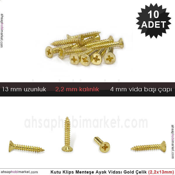 Klips Menteşe Ayak Vidası 10 Adet (2,2x13 mm) Parlak Gold - 1