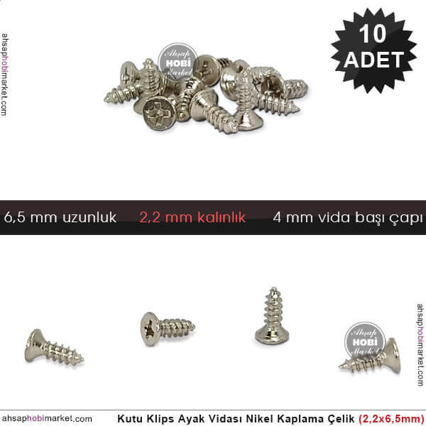 Klips Menteşe Ayak Vidası 10 Adet (2,2x6,5 mm) Parlak Gümüş - 1