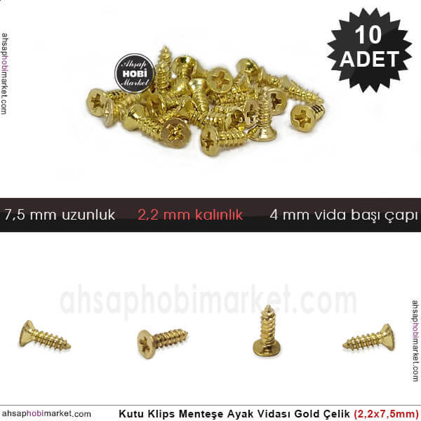 Klips Menteşe Ayak Vidası 10 Adet (2,2x7,5 mm) Parlak Gold - 1