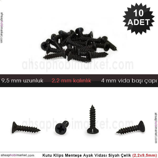 Klips Menteşe Ayak Vidası 10 Adet (2,2x9,5 mm) Siyah - 1
