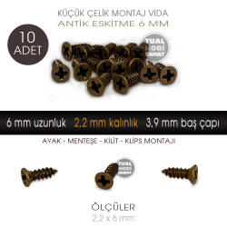 Klips Menteşe Ayak Vidası 10 Adet (2,3x6 mm) Antik Bakır - Tual Hobi Sanat