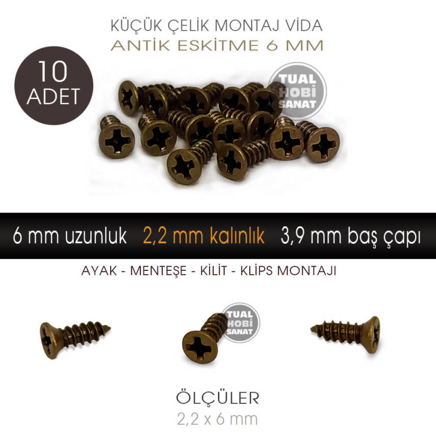 Klips Menteşe Ayak Vidası 10 Adet (2,3x6 mm) Antik Bakır - 1