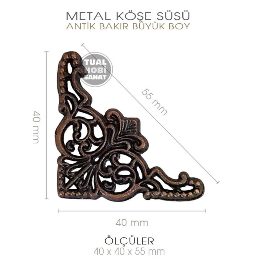Köşe Süsü Metal Büyük (40x40x55 mm) Antik Bakır - 3