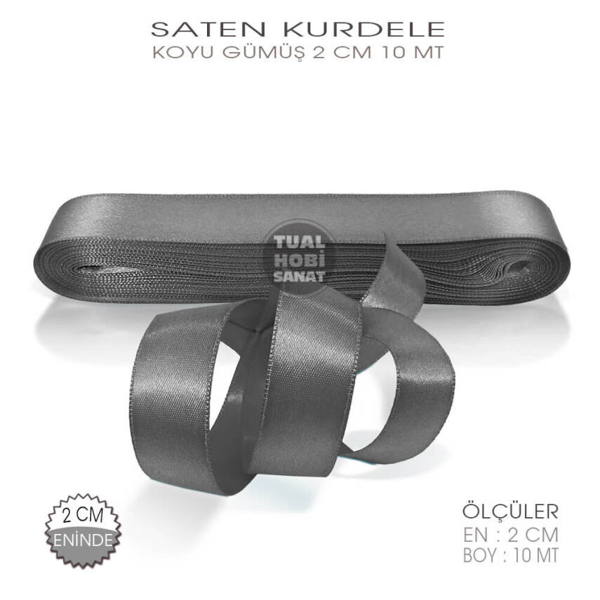 Koyu Gümüş Gri Saten Kurdele (Genişlik 2 cm) 10 Metre - 1