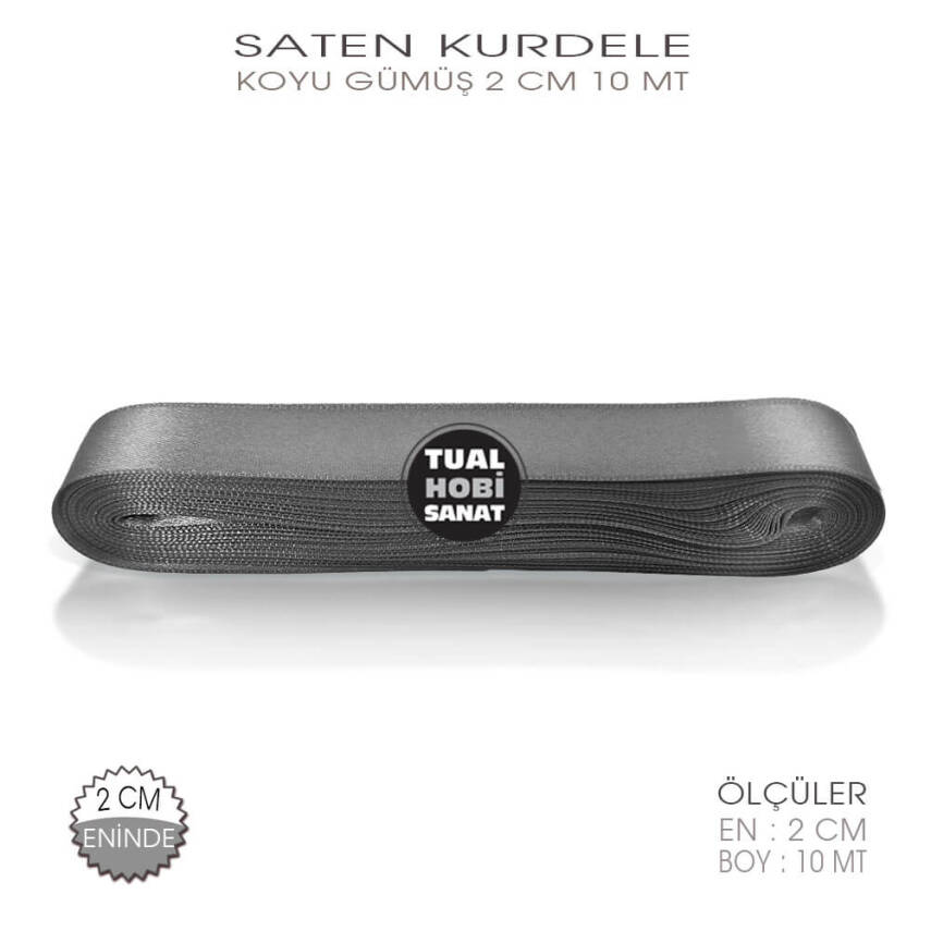 Koyu Gümüş Gri Saten Kurdele (Genişlik 2 cm) 10 Metre - 2