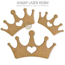Kral Kraliçe Tacı Figürleri Kalpli (3 Parça) Ahşap Lazer Kesim - Tual Hobi Sanat