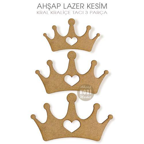Kral Kraliçe Tacı Figürleri Kalpli (3 Parça) Ahşap Lazer Kesim - 2