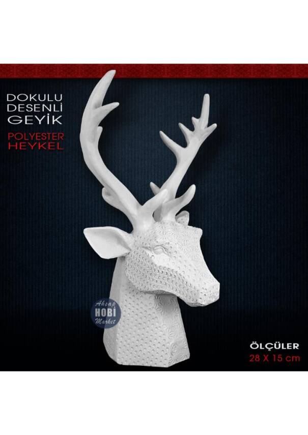 Dokulu Desenli Geyik Büstü Heykeli (28x15 cm) Ham Polyester - 1