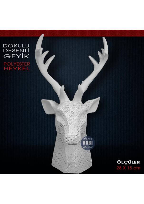 Dokulu Desenli Geyik Büstü Heykeli (28x15 cm) Ham Polyester - 2