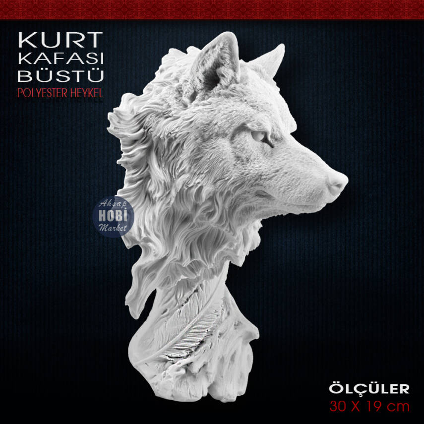 Kurt Kafası Büstü Heykeli (30x19 cm) Ham Polyester - 1