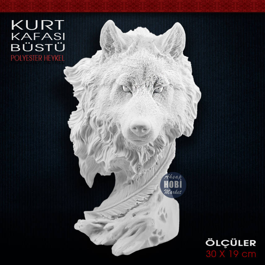 Kurt Kafası Büstü Heykeli (30x19 cm) Ham Polyester - 2