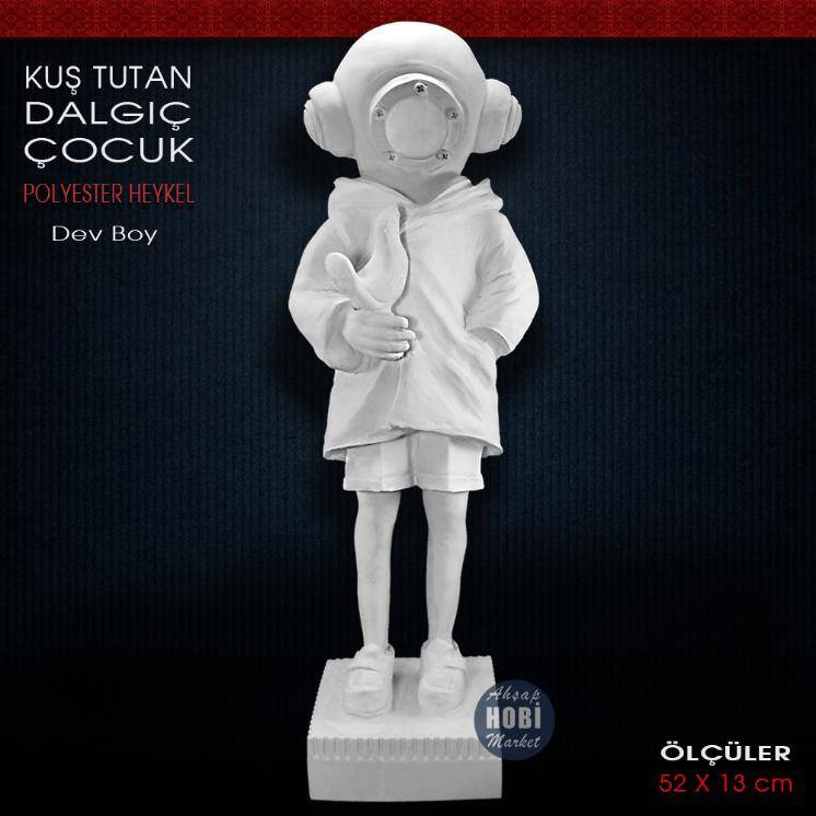 Kuş Tutan Dalgıç Çocuk Heykeli (52x13 cm) Ham Polyester - 1
