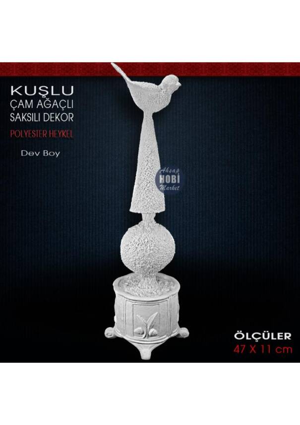 Kuşlu Çam Ağaçlı Saksılı Dekor Obje (47x11 cm) Ham Polyester - 1