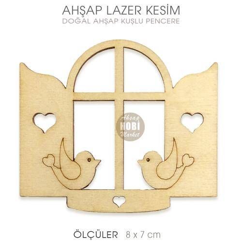 Kuşlu Minyatür Pencere (8x7 cm) Doğal Ahşap Lazer Kesim - 1