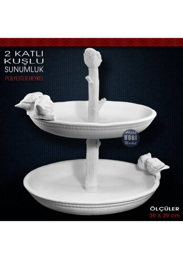 Kuşlu Sunumluk 2 Katlı (39x39 cm) Ham Polyester - 1