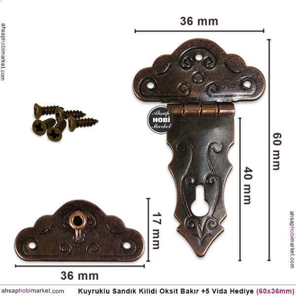 Kuyruklu Sandık Kilidi (60x36 mm) Antik Bakır - 2