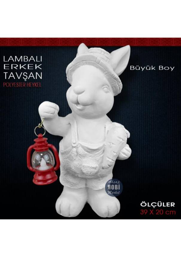 Lambalı Erkek Tavşan Heykeli Büyük Boy (39x20 cm) Ham Polyester - 1