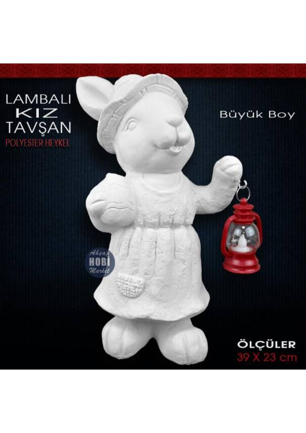 Lambalı Tavşan Kız Heykeli Büyük Boy (39x23 cm) Ham Polyester - 1