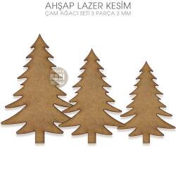 Lazer Kesim Ahşap 3'lü İğneli Çam Ağacı Seti - Tual Hobi Sanat