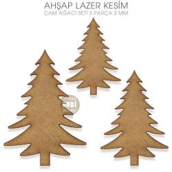 Lazer Kesim Ahşap 3'lü İğneli Çam Ağacı Seti - Tual Hobi Sanat (1)