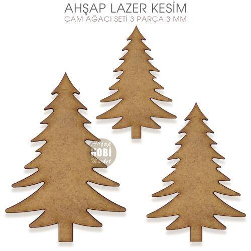 Lazer Kesim Ahşap 3'lü İğneli Çam Ağacı Seti - 2