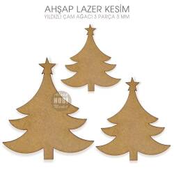 Lazer Kesim Ahşap 3'lü Yıldızlı Çam Ağacı Seti - Tual Hobi Sanat