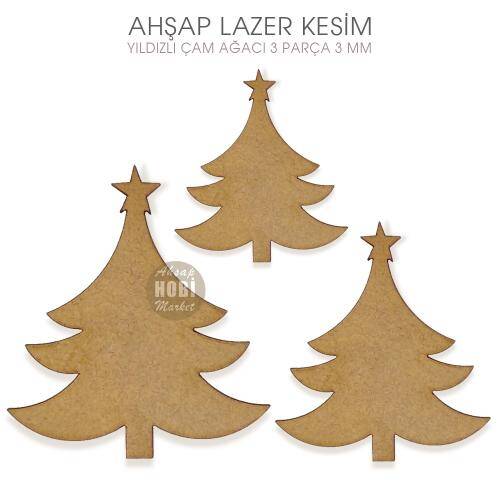Lazer Kesim Ahşap 3'lü Yıldızlı Çam Ağacı Seti - 1