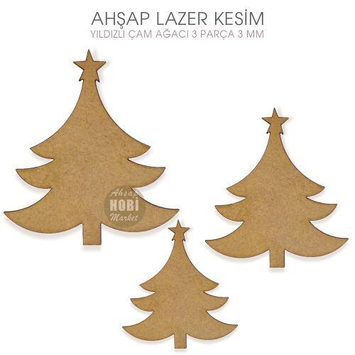 Lazer Kesim Ahşap 3'lü Yıldızlı Çam Ağacı Seti - 2