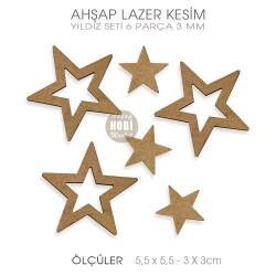 Lazer Kesim Ahşap 6'lı Yıldız Seti (6 Parça) - Tual Hobi Sanat