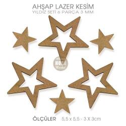 Lazer Kesim Ahşap 6'lı Yıldız Seti (6 Parça) - Tual Hobi Sanat (1)