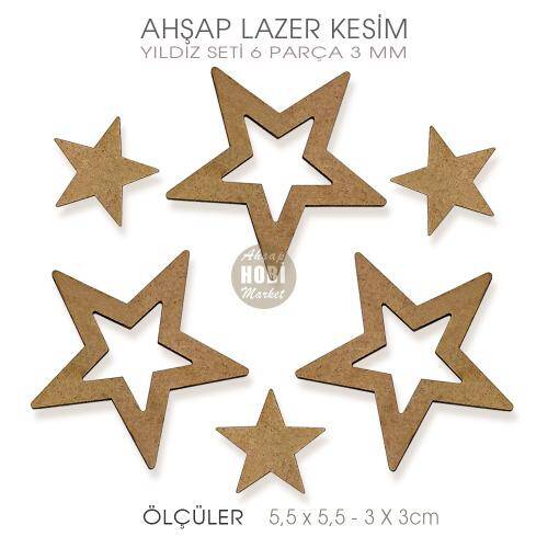 Lazer Kesim Ahşap 6'lı Yıldız Seti (6 Parça) - 2