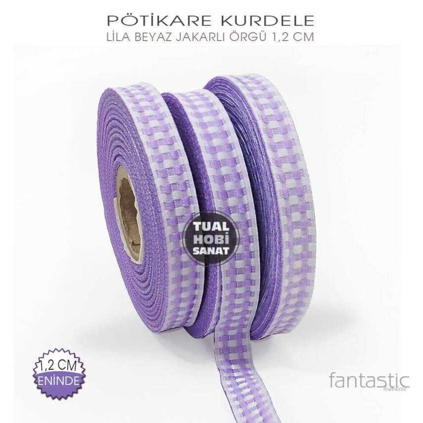 Lila Beyaz Pötikare Jakarlı Kurdele (Genişlik 1,2 cm) 1 Metre - 1