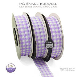Lila Beyaz Pötikare Jakarlı Kurdele (Genişlik 2 cm) 1 Metre - Tual Hobi Sanat
