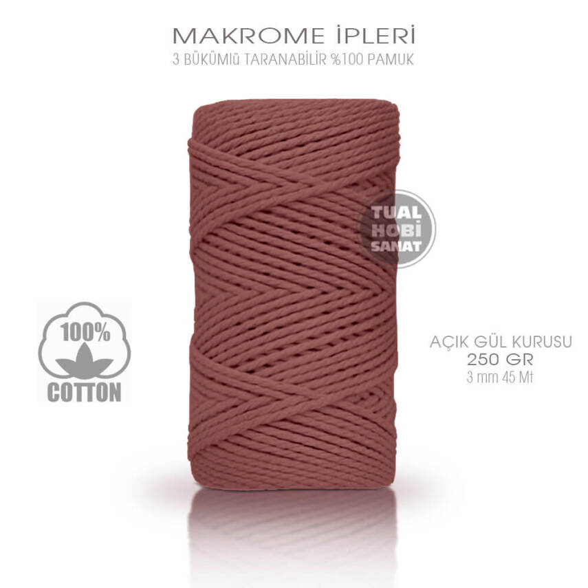 Makrome İpi Pamuk 3 Bükümlü Açık Gül Kurusu 3 mm 250 gr - 1