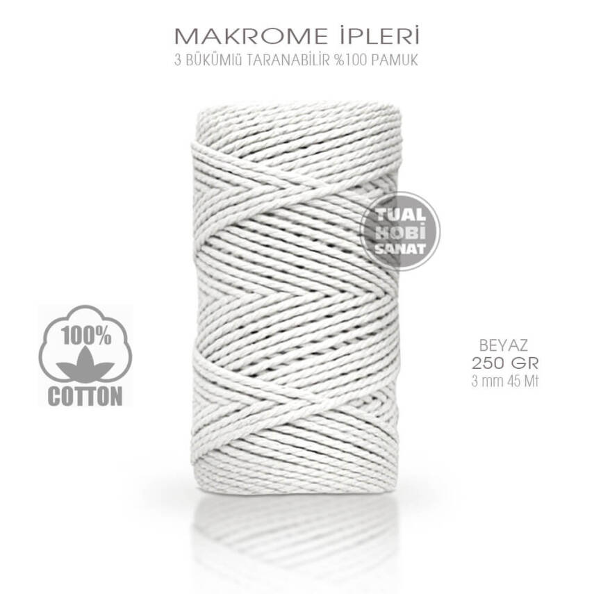 Makrome İpi Pamuk 3 Bükümlü Beyaz 3 mm 250 gr - 1