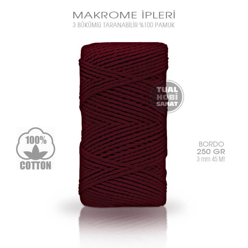 Makrome İpi Pamuk 3 Bükümlü Bordo 3 mm 250 gr - 1