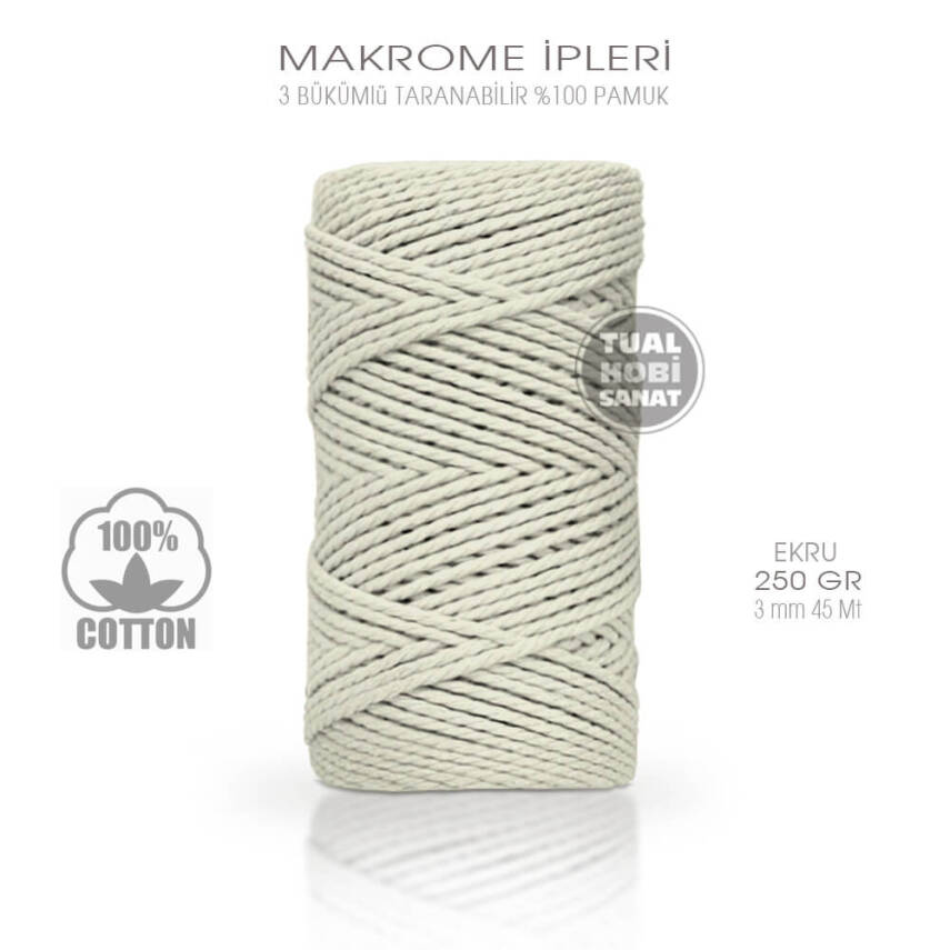 Makrome İpi Pamuk 3 Bükümlü Ekru 3 mm 250 gr - 1