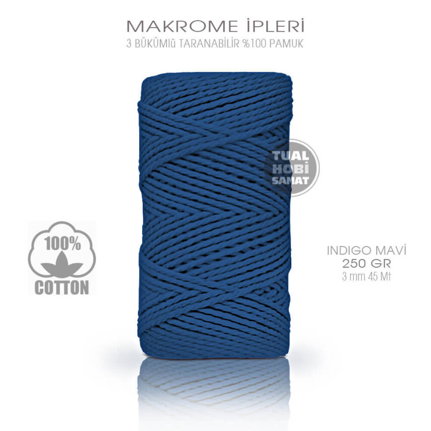 Makrome İpi Pamuk 3 Bükümlü Indigo Mavi 3 mm 250 gr - 1