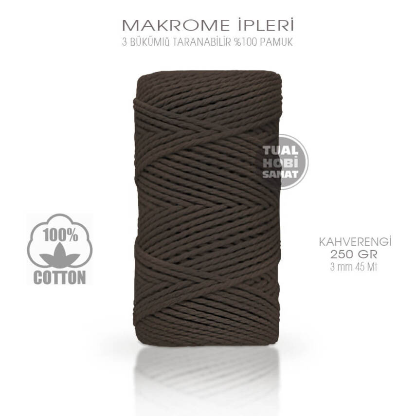 Makrome İpi Pamuk 3 Bükümlü Kahverengi 3 mm 250 gr - 1