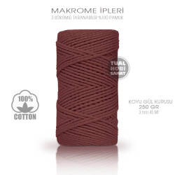 Makrome İpi Pamuk 3 Bükümlü Koyu Gül Kurusu 3 mm 250 gr - Tual Hobi Sanat