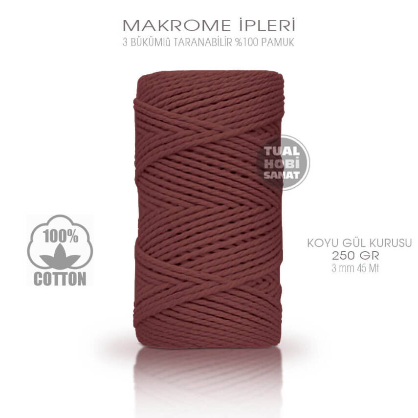 Makrome İpi Pamuk 3 Bükümlü Koyu Gül Kurusu 3 mm 250 gr - 1