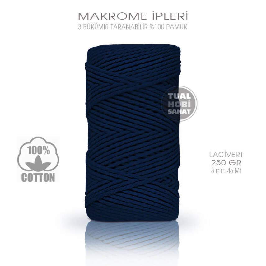 Makrome İpi Pamuk 3 Bükümlü Lacivert 3 mm 250 gr - 1