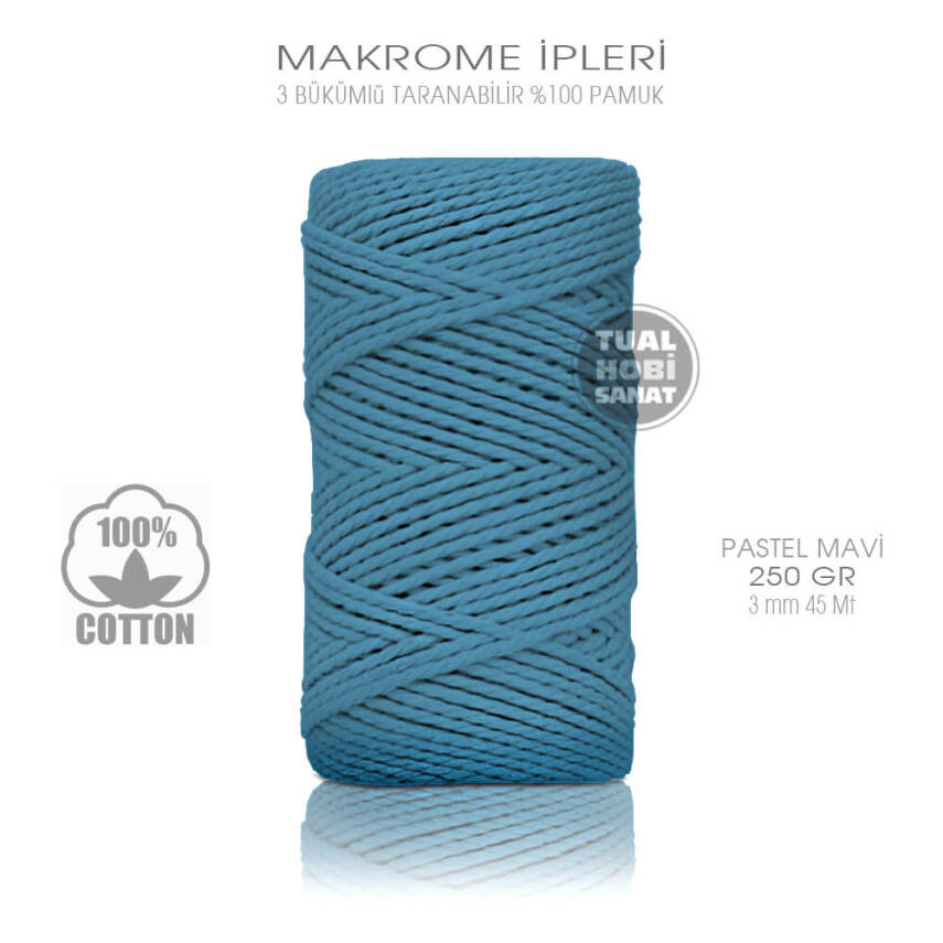Makrome İpi Pamuk 3 Bükümlü Pastel Mavi 3 mm 250 gr - 1