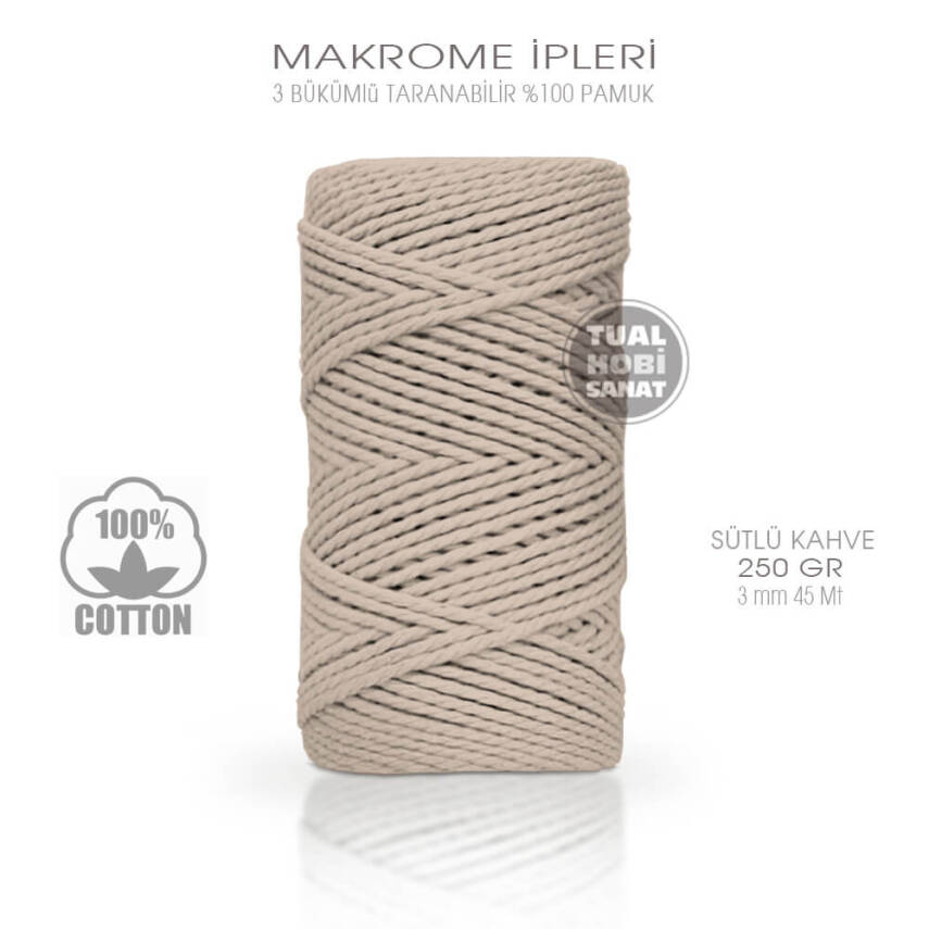 Makrome İpi Pamuk 3 Bükümlü Sütlü Kahve 3 mm 250 gr - 1