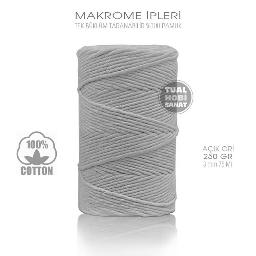 Makrome İpi Pamuk Tek Bükümlü Açık Gri 3 mm 250 gr - 1